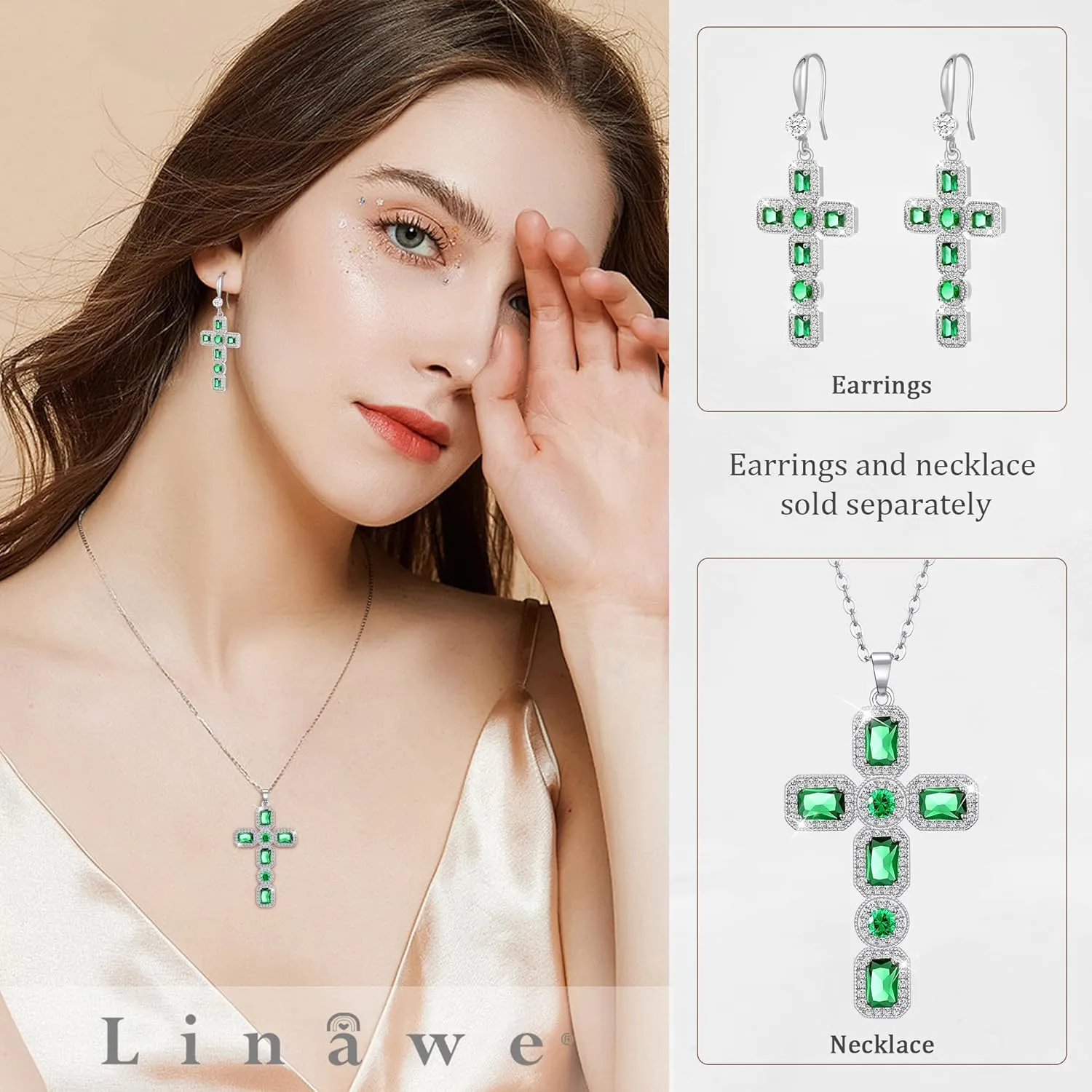 Linawe Cross Dangle Earrings for Women, Hypoallergenic Imitation Diamond Rhinestone Earrings, 14K Gold/Silver/Rose Gold Cubic Zirconia Cross Dangling Drop Earrings