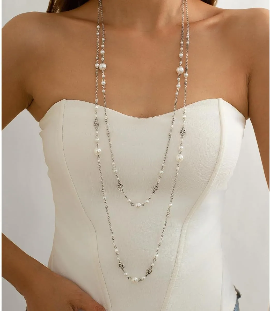 Long Pearl Necklaces for Women Faux White Pearl Layered Necklace Multi Sized Long Pearls Stacked Tassel Necklace