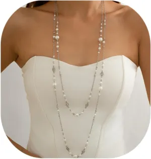Long Pearl Necklaces for Women Faux White Pearl Layered Necklace Multi Sized Long Pearls Stacked Tassel Necklace