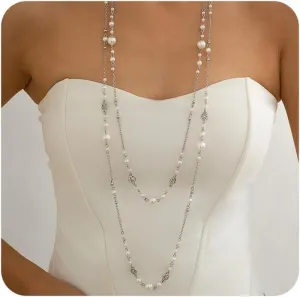 Long Pearl Necklaces for Women Trendy Pearl Chain Long Pearl Necklace Layered Pearl Statement Necklace Sweater Strand Chain Jewelry