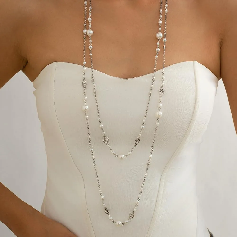 Long Pearl Necklaces for Women Trendy Pearl Chain Long Pearl Necklace Layered Pearl Statement Necklace Sweater Strand Chain Jewelry
