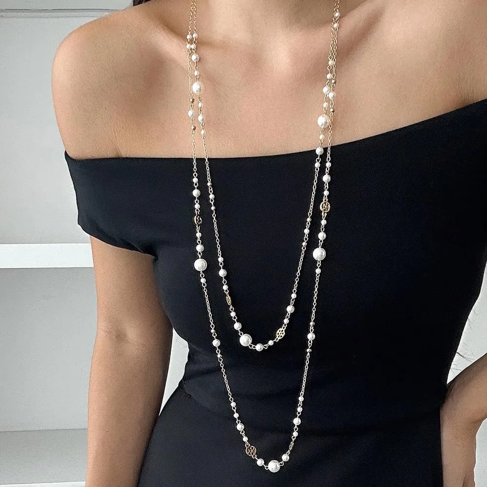 Long Pearl Necklaces for Women Trendy Pearl Chain Long Pearl Necklace Layered Pearl Statement Necklace Sweater Strand Chain Jewelry