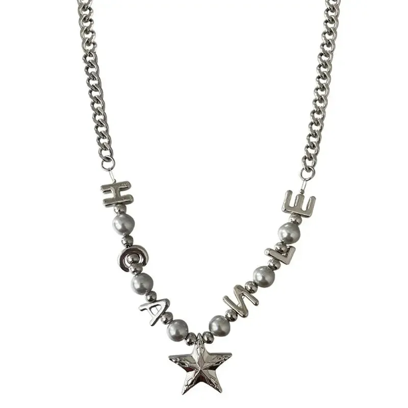 LOVCIA Titanium Steel Letter Bead Necklace with Star Pendant for Women - Trendy and Stylish Statement Jewelry
