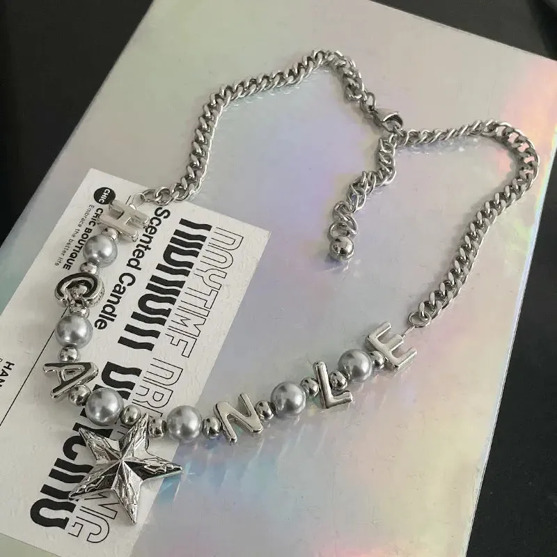 LOVCIA Titanium Steel Letter Bead Necklace with Star Pendant for Women - Trendy and Stylish Statement Jewelry