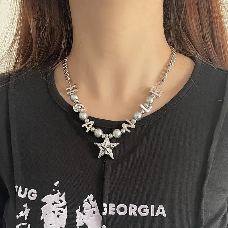 LOVCIA Titanium Steel Letter Bead Necklace with Star Pendant for Women - Trendy and Stylish Statement Jewelry