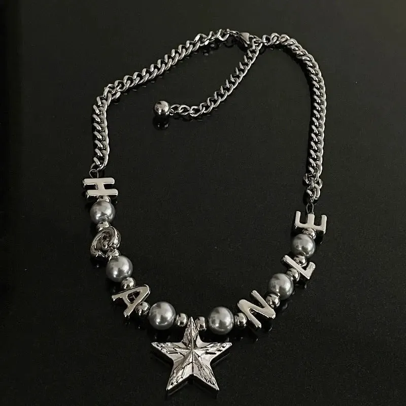 LOVCIA Titanium Steel Letter Bead Necklace with Star Pendant for Women - Trendy and Stylish Statement Jewelry