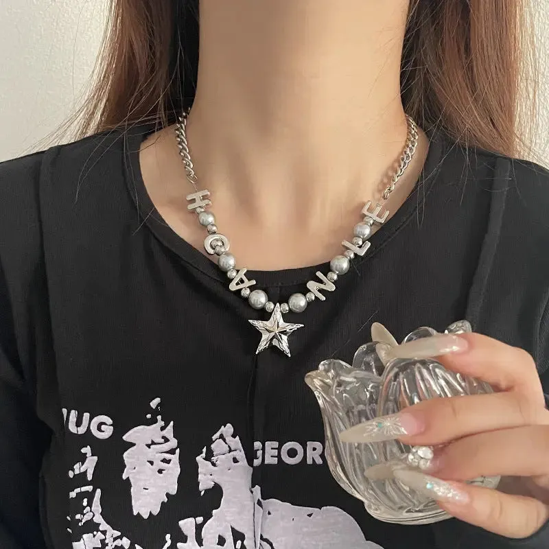 LOVCIA Titanium Steel Letter Bead Necklace with Star Pendant for Women - Trendy and Stylish Statement Jewelry
