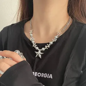LOVCIA Titanium Steel Letter Bead Necklace with Star Pendant for Women - Trendy and Stylish Statement Jewelry