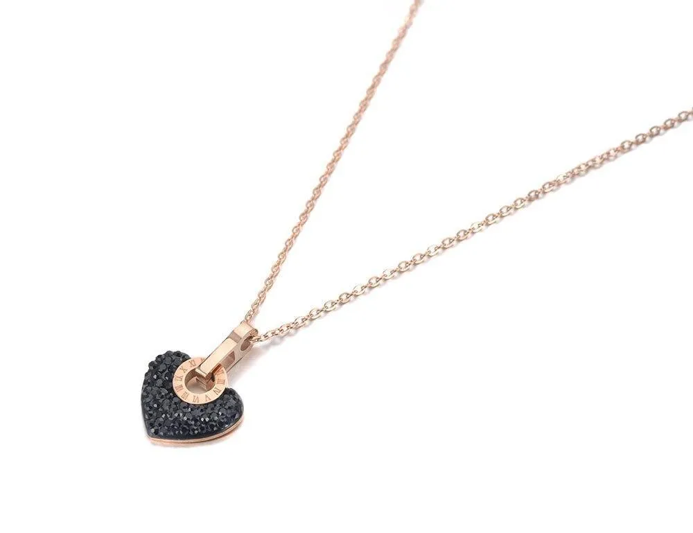 Lovely Trendy Titanium Steel White/Black Rhinestone Heart Charm Necklace Pendant