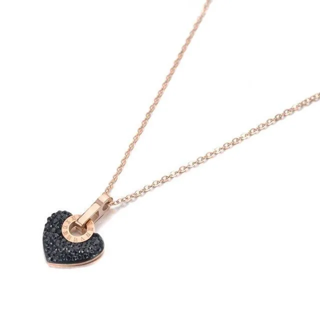 Lovely Trendy Titanium Steel White/Black Rhinestone Heart Charm Necklace Pendant
