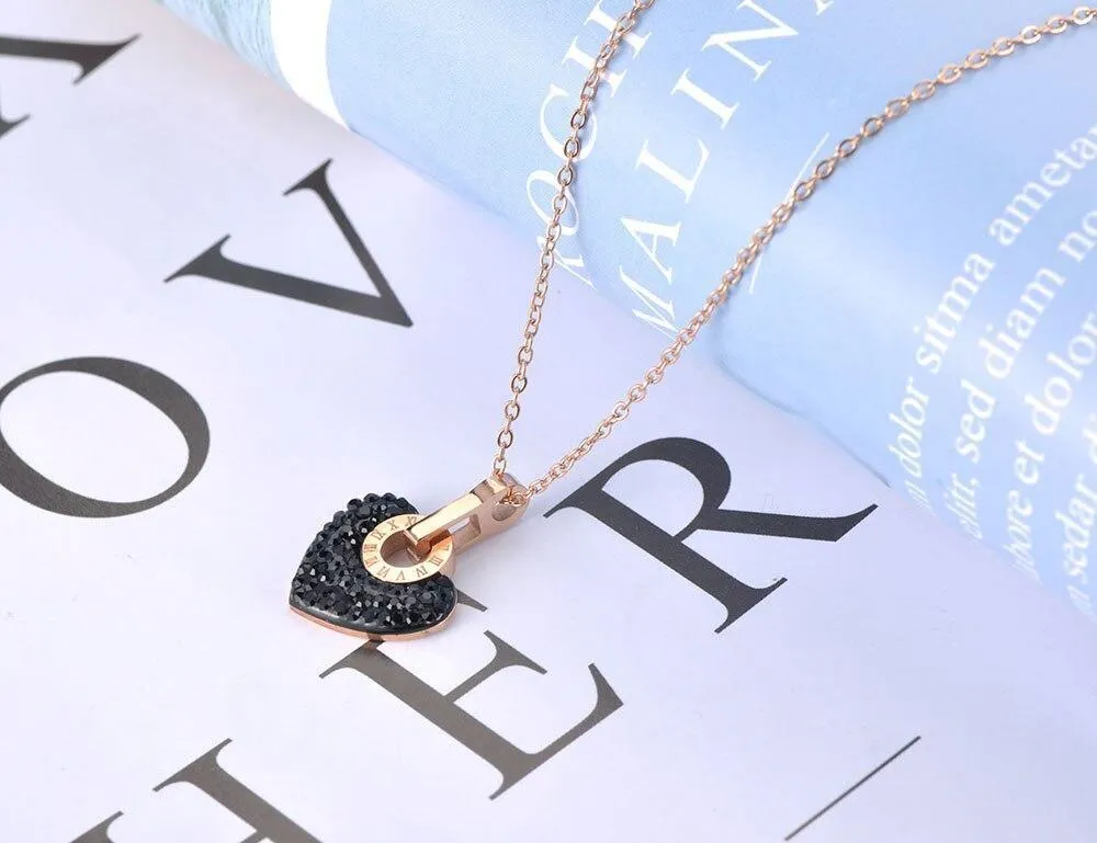 Lovely Trendy Titanium Steel White/Black Rhinestone Heart Charm Necklace Pendant