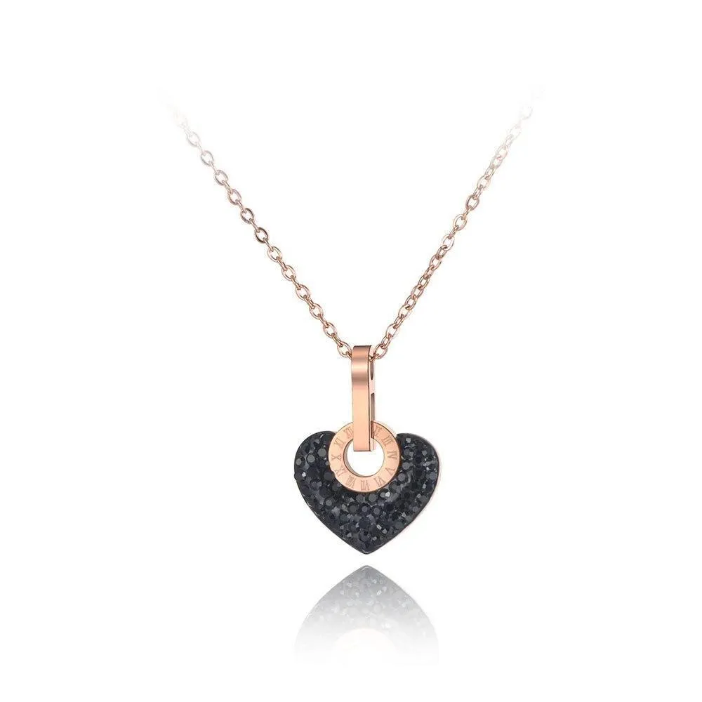 Lovely Trendy Titanium Steel White/Black Rhinestone Heart Charm Necklace Pendant