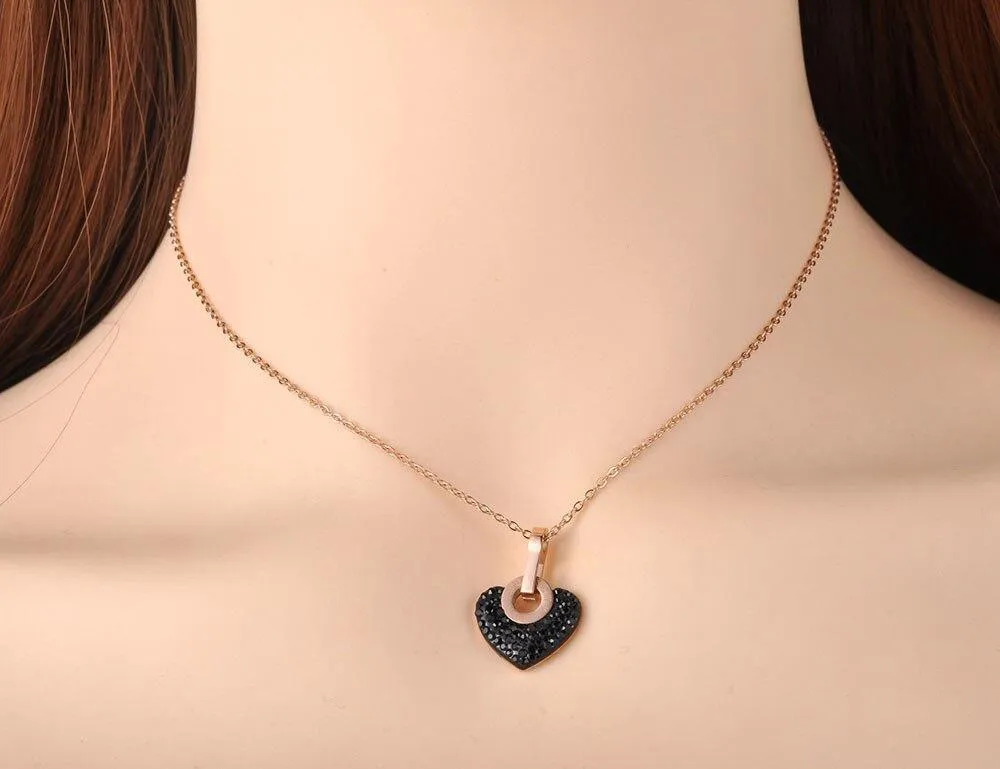 Lovely Trendy Titanium Steel White/Black Rhinestone Heart Charm Necklace Pendant