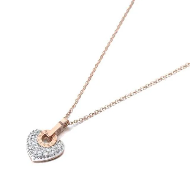 Lovely Trendy Titanium Steel White/Black Rhinestone Heart Charm Necklace Pendant