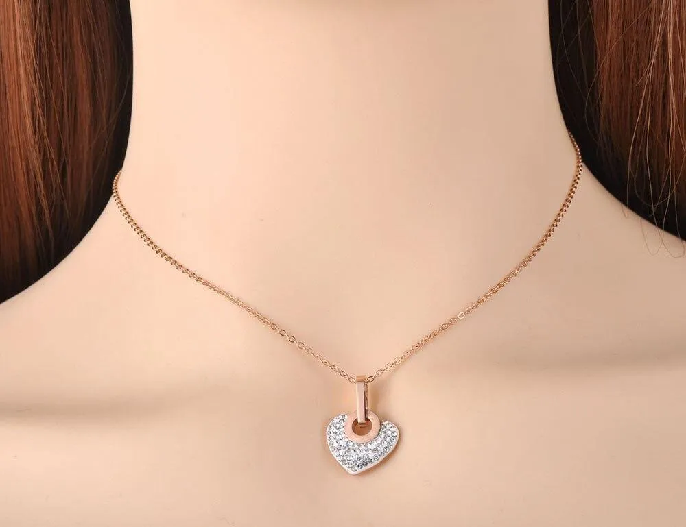 Lovely Trendy Titanium Steel White/Black Rhinestone Heart Charm Necklace Pendant