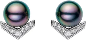 Lucky Chevron Top Grade AAA Genuine South Sea Tahitian Black Pearl Stud Earrings 18K White Gold Plated 925 Sterling Silver - Birthday Anniversary Jewelry Gifts for Women Wife Mom Daughter