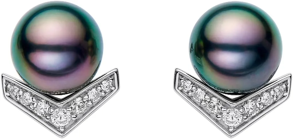 Lucky Chevron Top Grade AAA Genuine South Sea Tahitian Black Pearl Stud Earrings 18K White Gold Plated 925 Sterling Silver - Birthday Anniversary Jewelry Gifts for Women Wife Mom Daughter