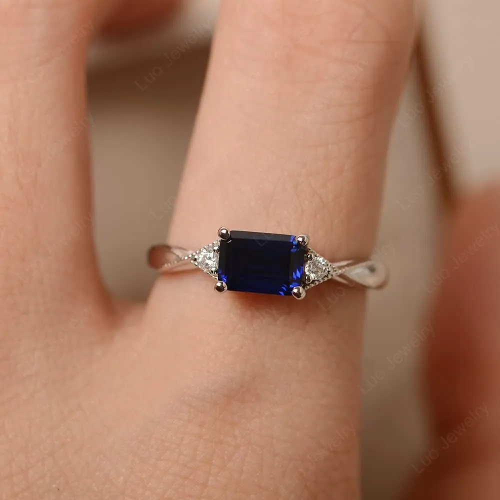 LUO 925 Sterling Silver Emerald Cut 7X5 MM Gemstone Ring East West Dainty Promise Ring for Women