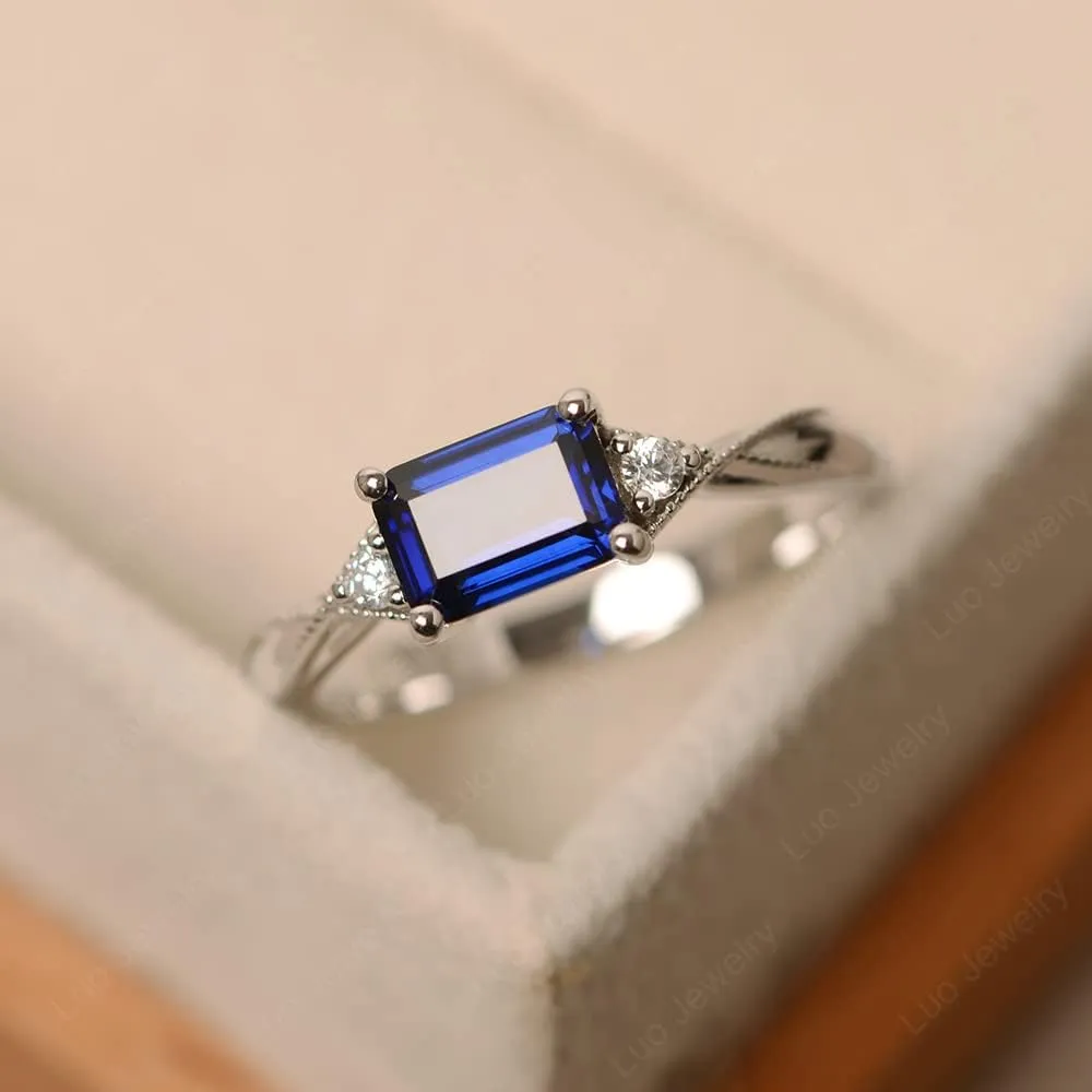 LUO 925 Sterling Silver Emerald Cut 7X5 MM Gemstone Ring East West Dainty Promise Ring for Women