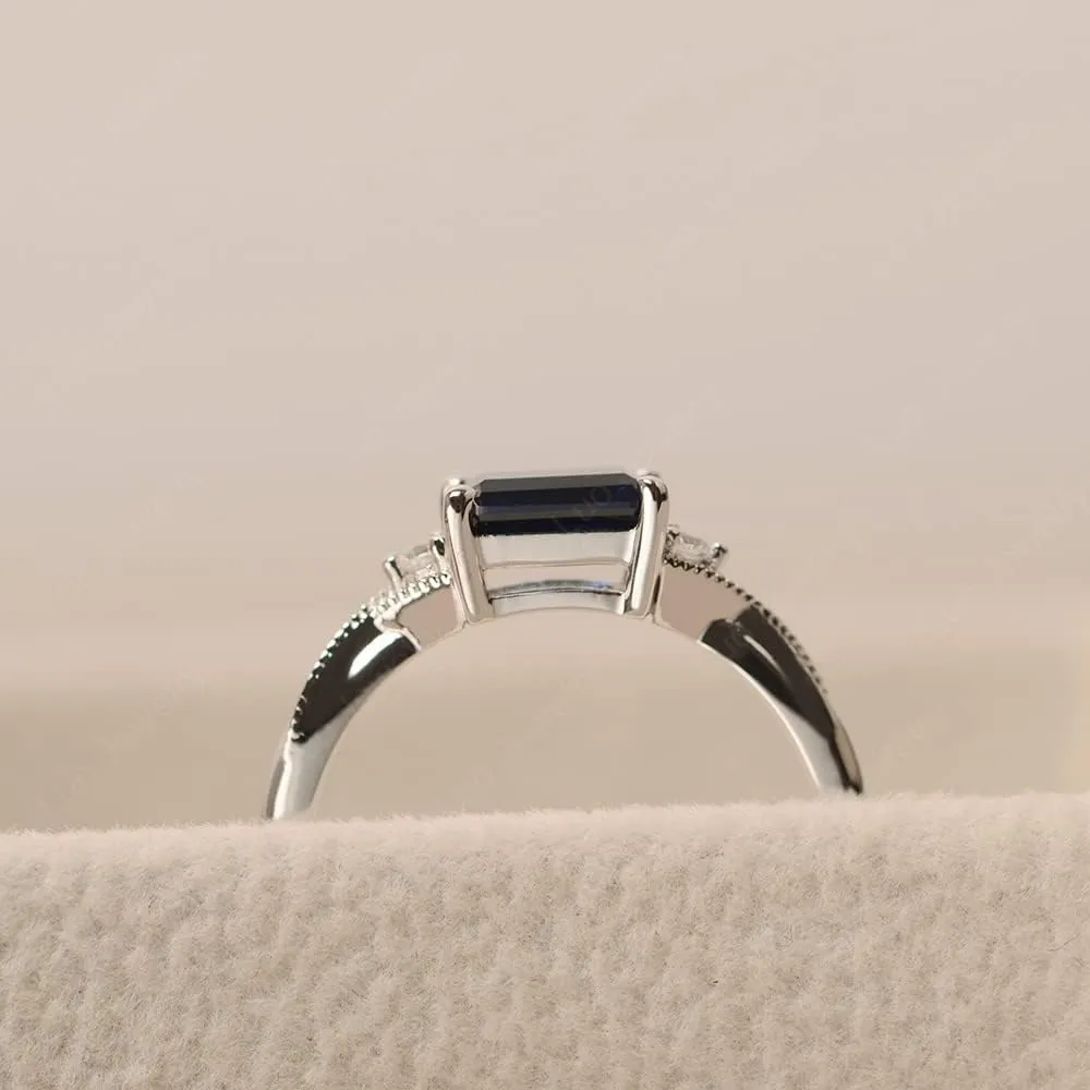 LUO 925 Sterling Silver Emerald Cut 7X5 MM Gemstone Ring East West Dainty Promise Ring for Women