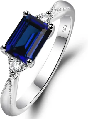 LUO 925 Sterling Silver Emerald Cut 7X5 MM Gemstone Ring East West Dainty Promise Ring for Women