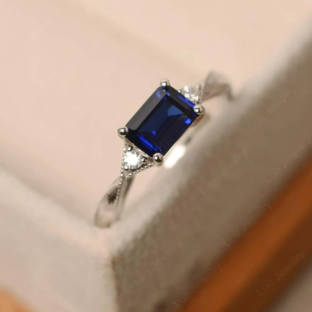 LUO 925 Sterling Silver Emerald Cut 7X5 MM Gemstone Ring East West Dainty Promise Ring for Women