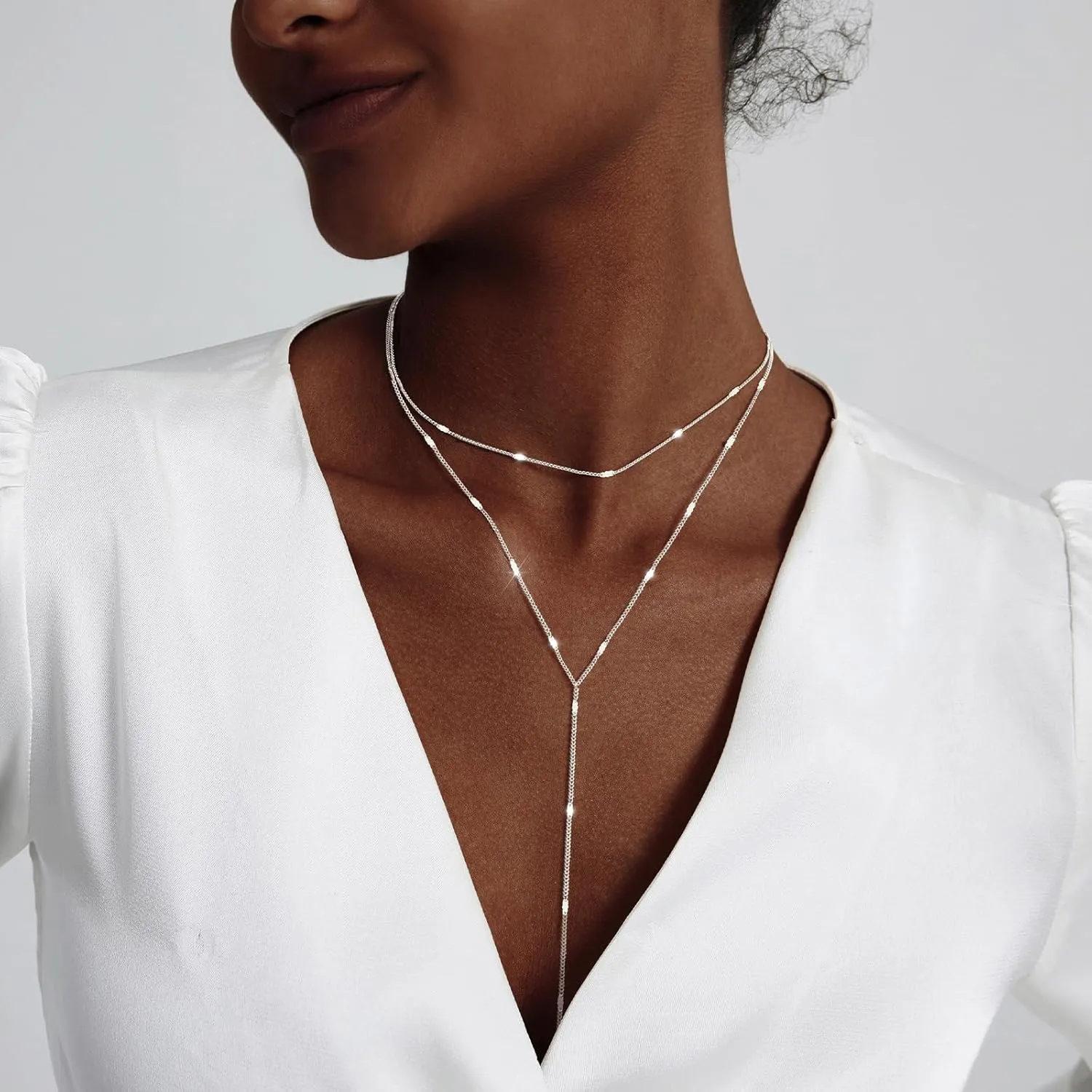 Luxval Lariat Silver Necklace for Women, Dainty Long Necklace Silver Y-Shaped Pendant Necklaces Trendy Beaded Chain Drop Necklaces Jewelry for Women Gifts