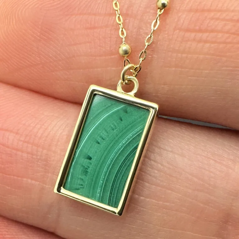 Malachite Geometric Rectangle Necklace in 14K Yellow Gold