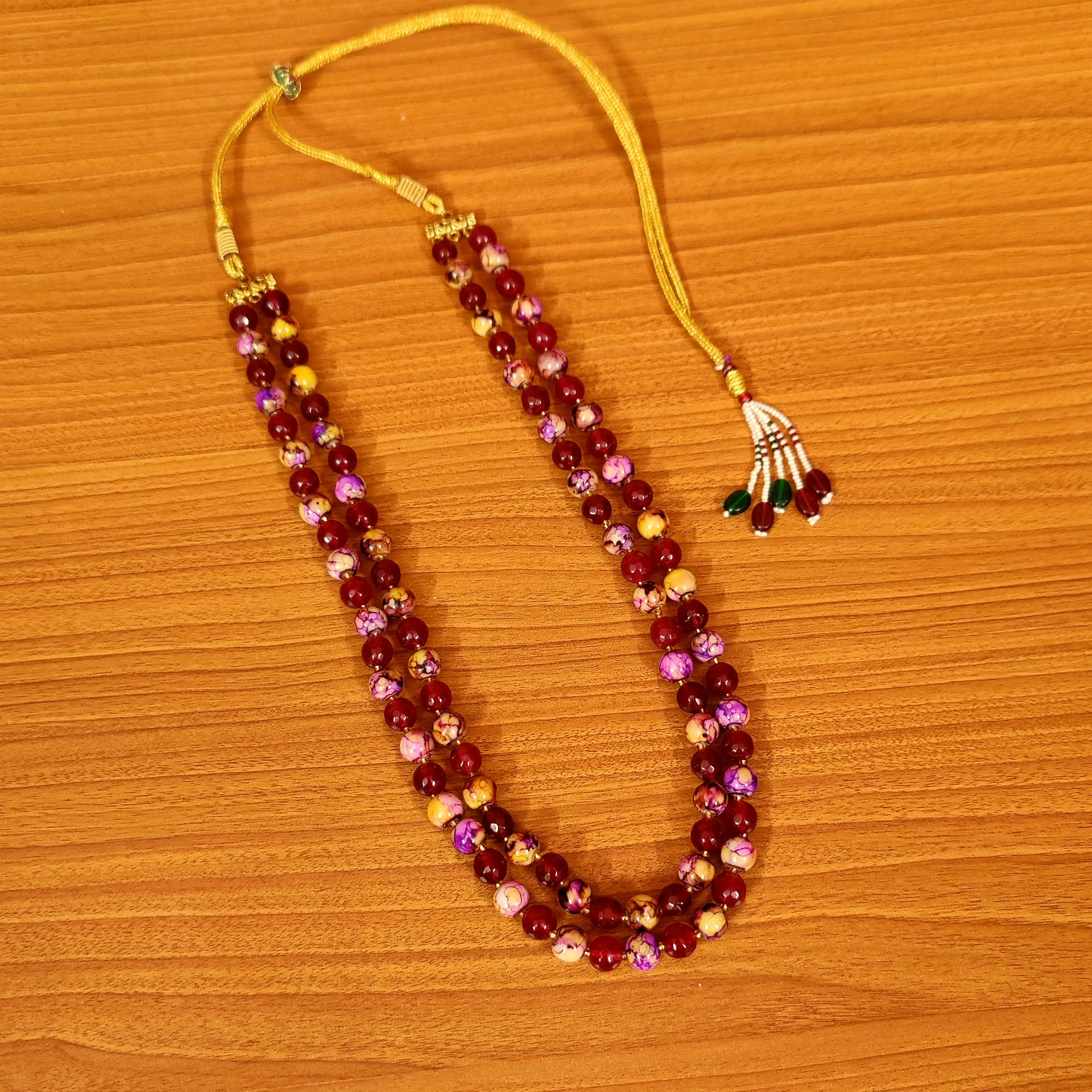 MAROON ONYX & HEAT TREATED CRYSTAL 8MM BEADS NECKLACE