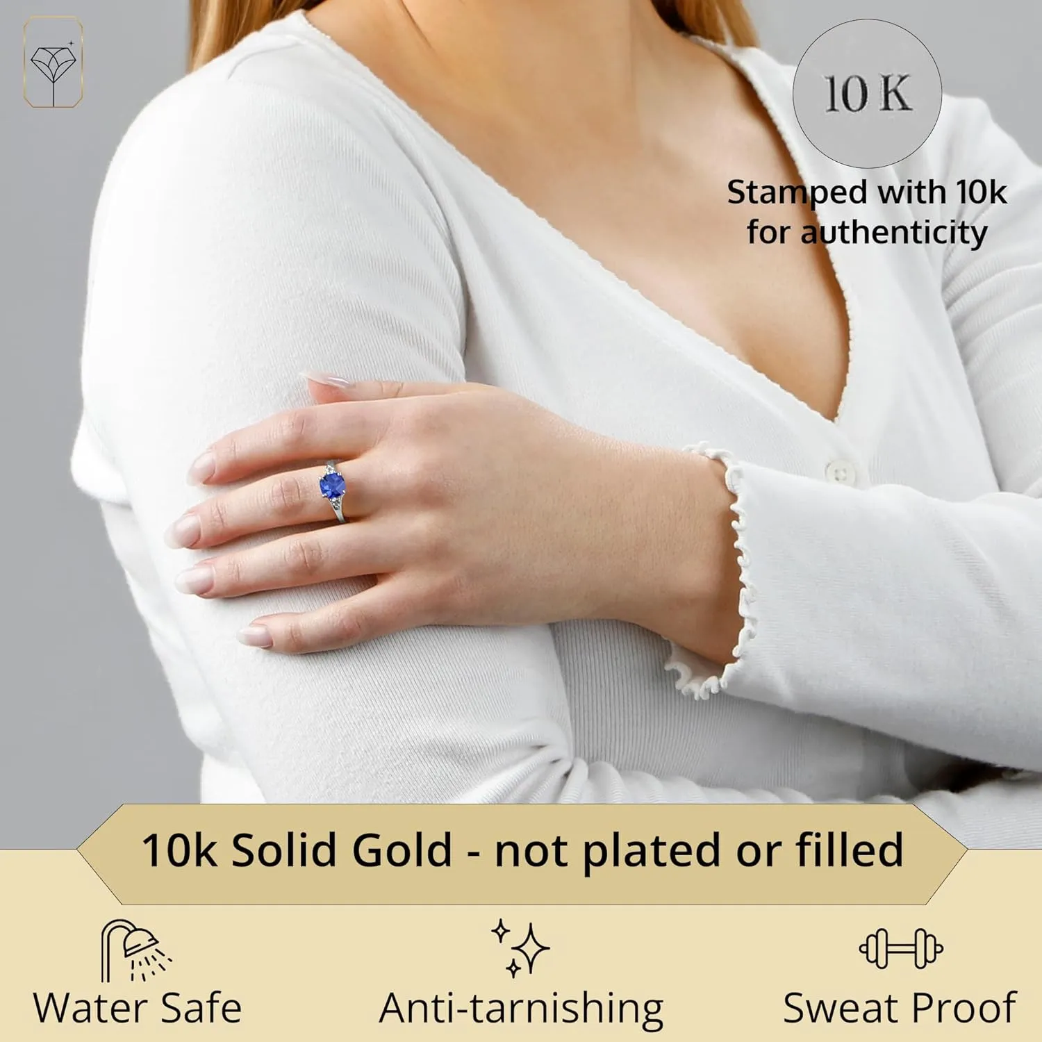 MAX   STONE 10k Gold Gemstone Rings for Women | Cushion Cut Three Stone Ring | Anti Tarnishing Birthstone Rings | Cocktail Ring with Gift Box in Size 5 to 9