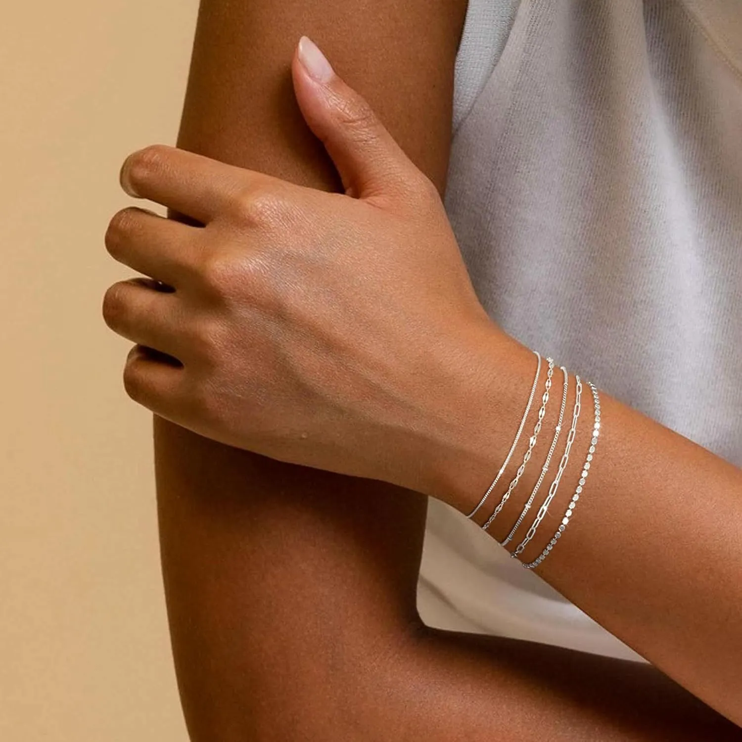 MBW Silver Bracelet Set - Dainty 14K Silver Bracelets, Waterproof, Trendy Minimalist, Small Thin Bracelets for Women, Gift
