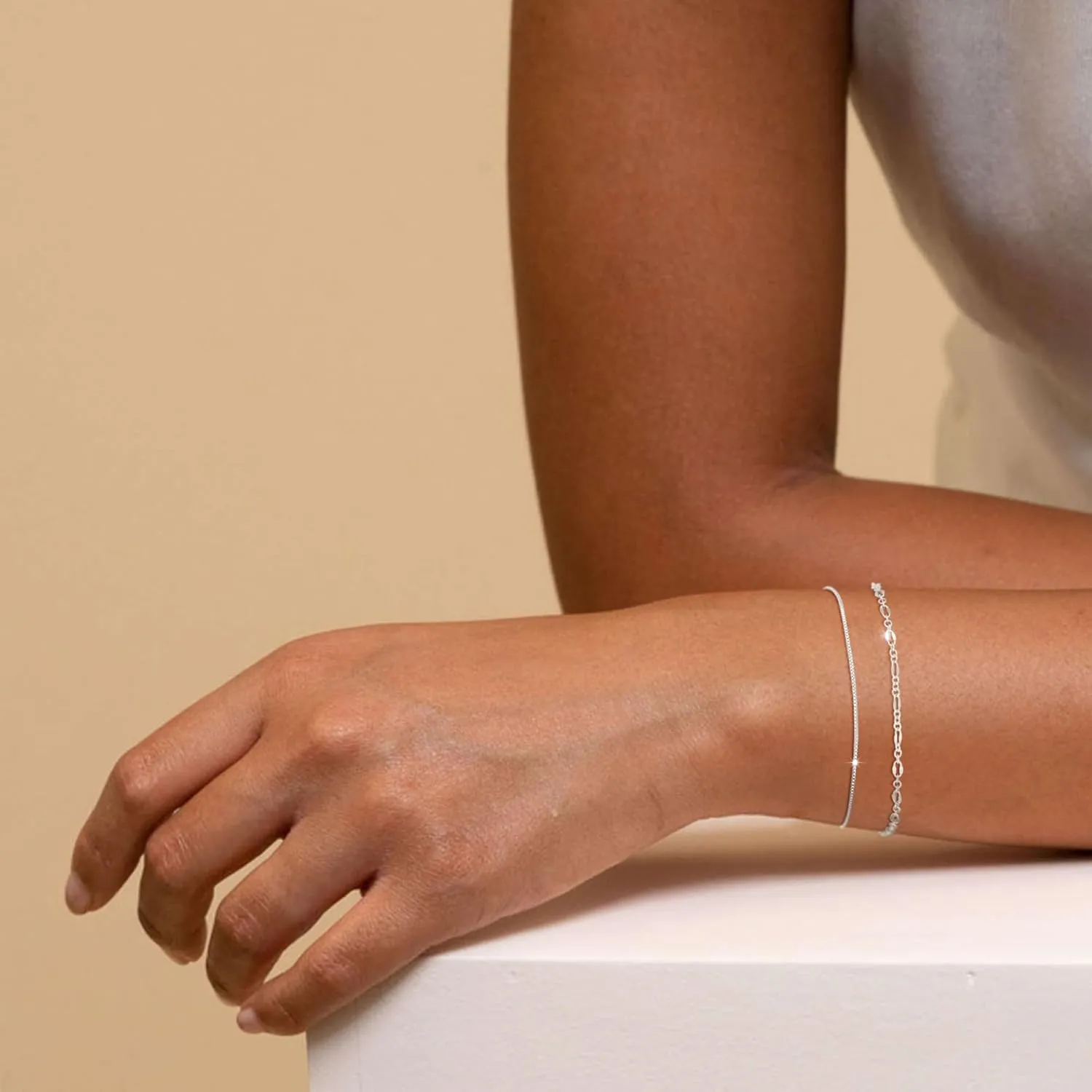 MBW Silver Bracelet Set - Dainty 14K Silver Bracelets, Waterproof, Trendy Minimalist, Small Thin Bracelets for Women, Gift