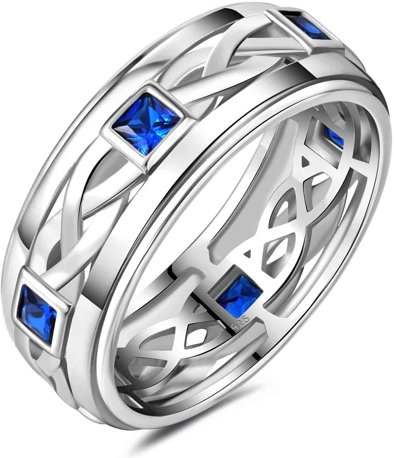 Mens 925 Sterling Silver Blue Gemstone Wedding Band Pave Sapphire Princess Cut Engagement Ring For Him Size 7-14
