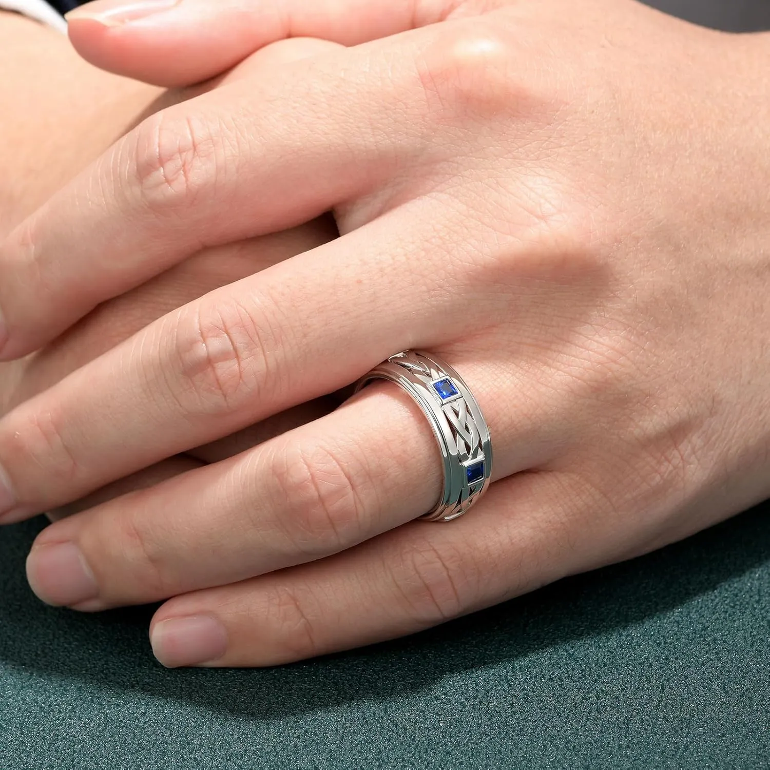 Mens 925 Sterling Silver Blue Gemstone Wedding Band Pave Sapphire Princess Cut Engagement Ring For Him Size 7-14