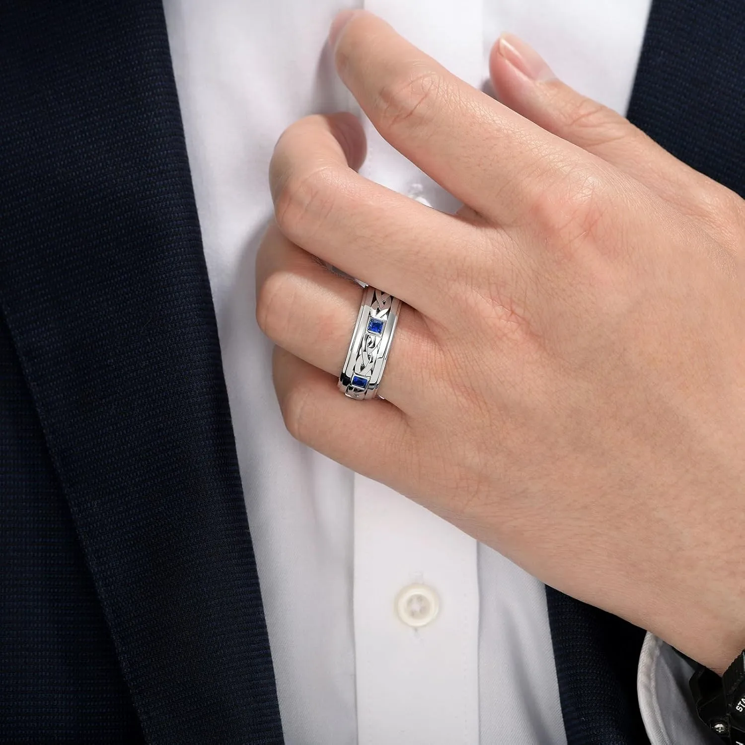 Mens 925 Sterling Silver Blue Gemstone Wedding Band Pave Sapphire Princess Cut Engagement Ring For Him Size 7-14