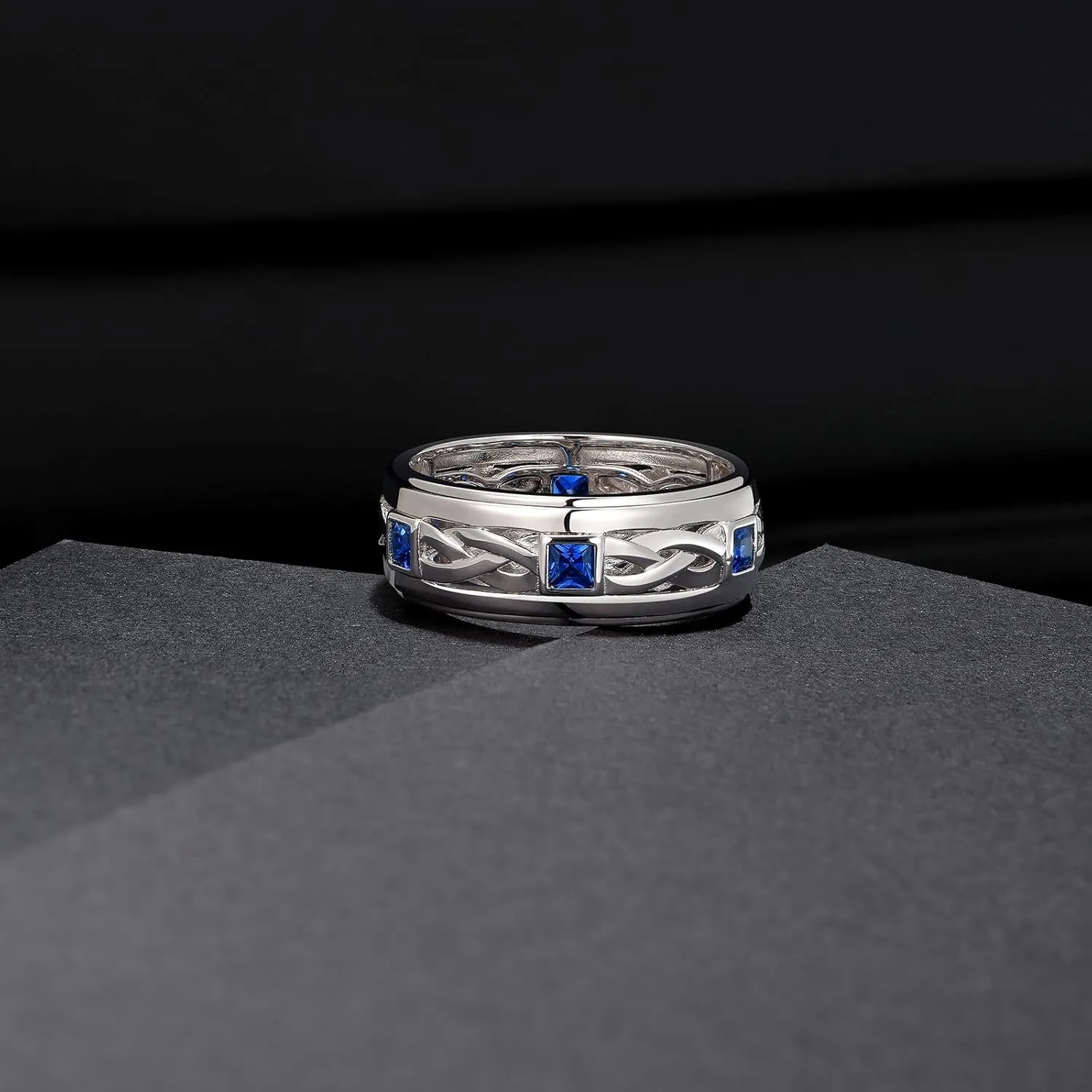 Mens 925 Sterling Silver Blue Gemstone Wedding Band Pave Sapphire Princess Cut Engagement Ring For Him Size 7-14
