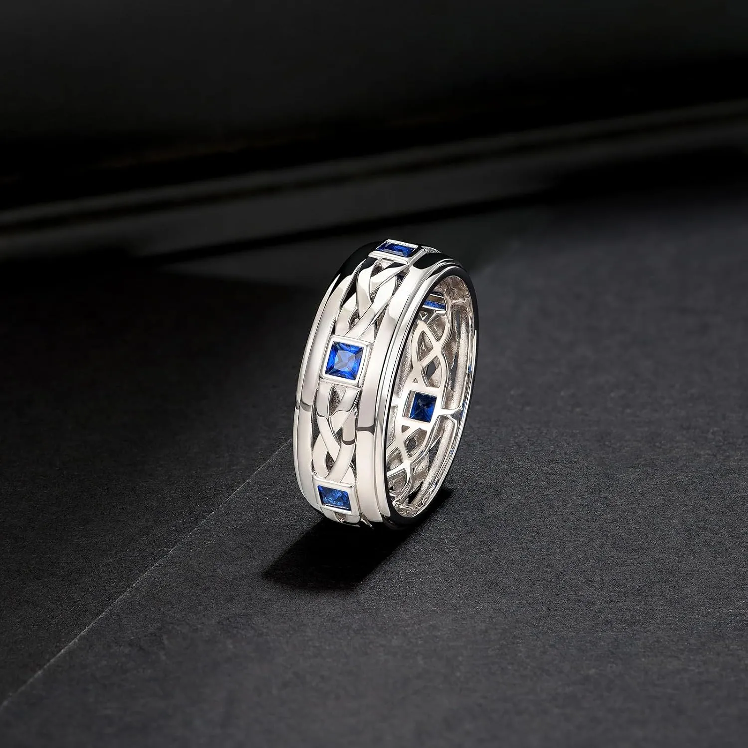 Mens 925 Sterling Silver Blue Gemstone Wedding Band Pave Sapphire Princess Cut Engagement Ring For Him Size 7-14