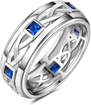 Mens 925 Sterling Silver Blue Gemstone Wedding Band Pave Sapphire Princess Cut Engagement Ring For Him Size 7-14