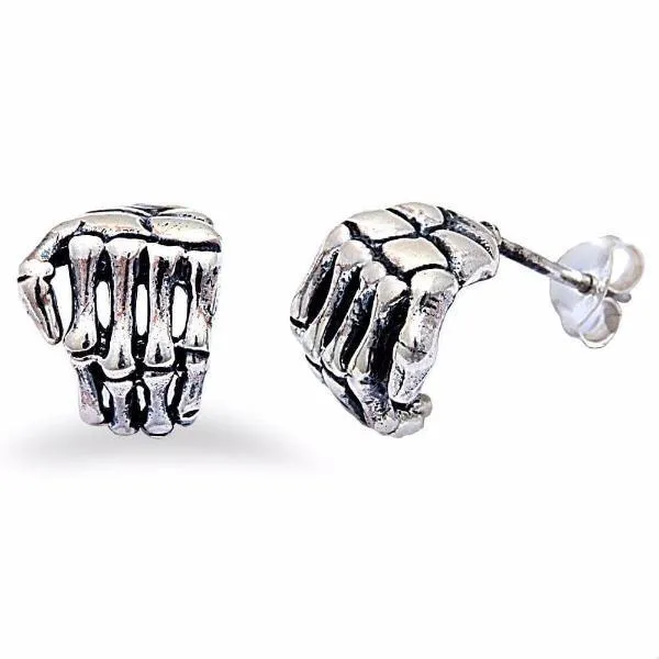 Mens Sterling Silver .925 Skeleton Hands Stud Earrings