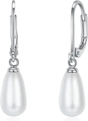MINDDHA 14K Gold | White Gold Plated Sterling Silver Hoop, AAA  Quality Simulated Shell Pearl Leverback Dangle Stud Pearl Earrings | Silver Earings, Gold Earrings For Women | Oval and Teardrop Pearl