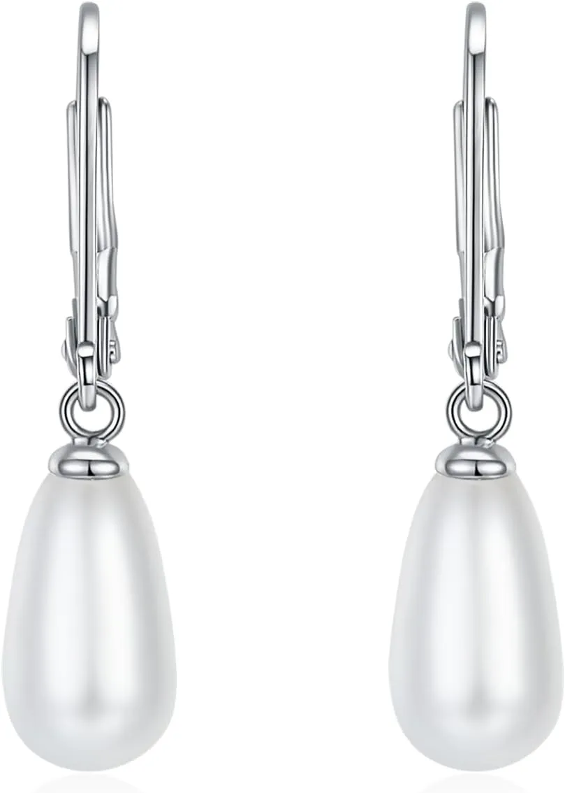 MINDDHA 14K Gold | White Gold Plated Sterling Silver Hoop, AAA  Quality Simulated Shell Pearl Leverback Dangle Stud Pearl Earrings | Silver Earings, Gold Earrings For Women | Oval and Teardrop Pearl