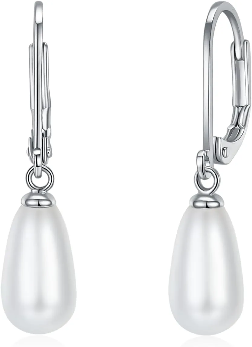 MINDDHA 14K Gold | White Gold Plated Sterling Silver Hoop, AAA  Quality Simulated Shell Pearl Leverback Dangle Stud Pearl Earrings | Silver Earings, Gold Earrings For Women | Oval and Teardrop Pearl