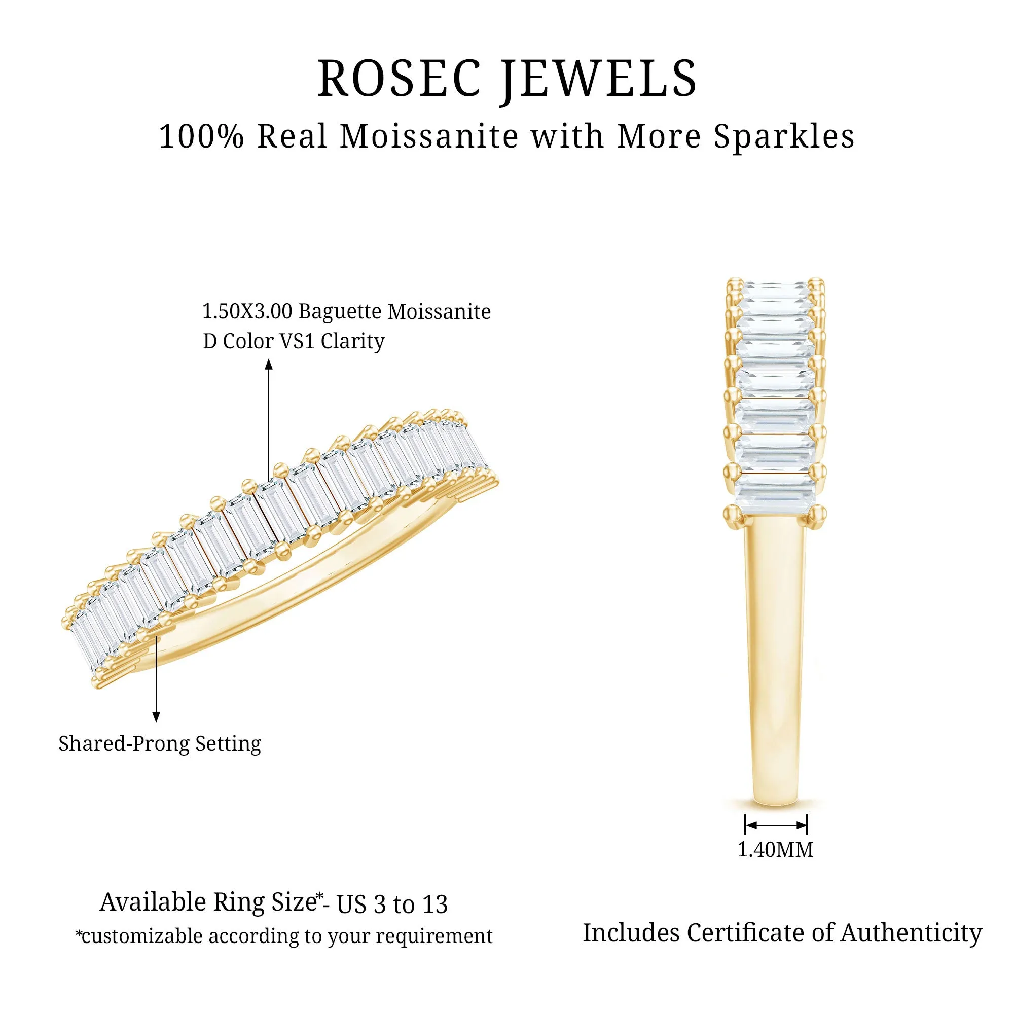 Minimal Baguette Cut Moissanite Half Eternity Band Ring