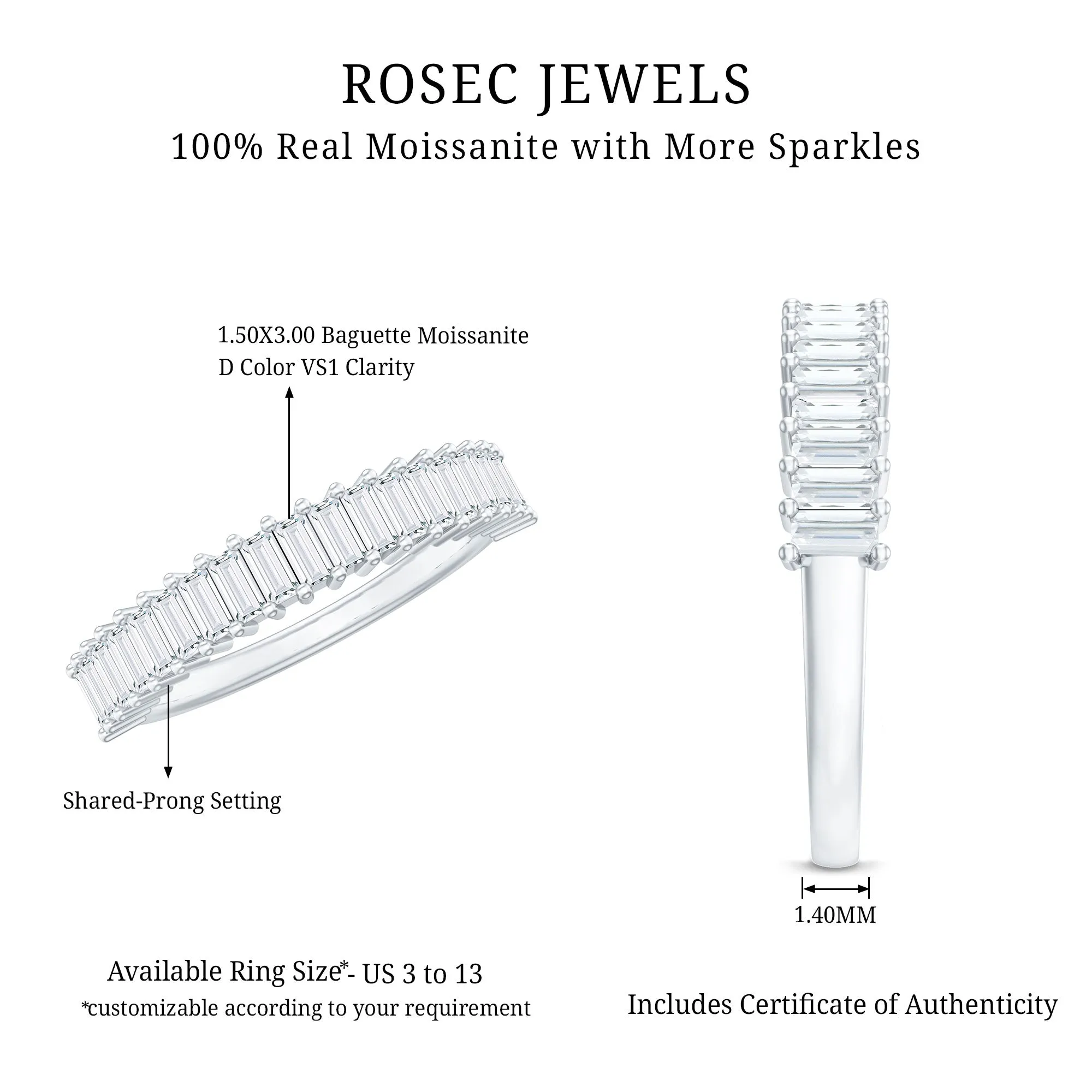 Minimal Baguette Cut Moissanite Half Eternity Band Ring