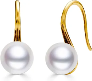 Minimalist Classic Earrings Freshwater White Pearl 8.5-9.5mm 18K Yellow Gold Plated Sterling Silver - Jewelry Gifts for Women (Yellow Gold)