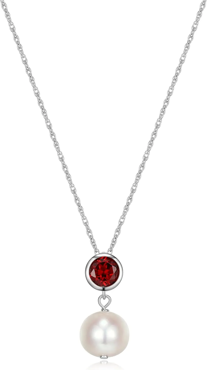 MORGAN & PAIGE .925 Sterling Silver Rhodium Plated Freshwater Cultured Pearl and Birthstone Dainty Necklaces for Women - Silver Necklaces for Women, Hypoallergenic Jewelry, 18 Inch Chain