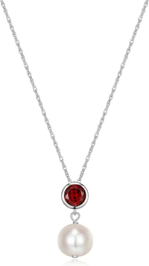 MORGAN & PAIGE .925 Sterling Silver Rhodium Plated Freshwater Cultured Pearl and Birthstone Dainty Necklaces for Women - Silver Necklaces for Women, Hypoallergenic Jewelry, 18 Inch Chain