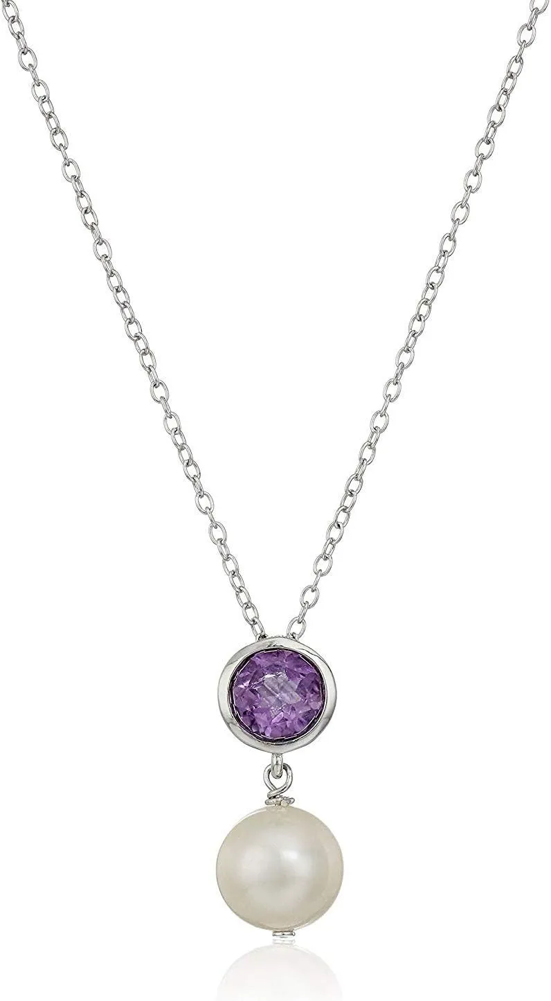 MORGAN & PAIGE .925 Sterling Silver Rhodium Plated Freshwater Cultured Pearl and Birthstone Dainty Necklaces for Women - Silver Necklaces for Women, Hypoallergenic Jewelry, 18 Inch Chain
