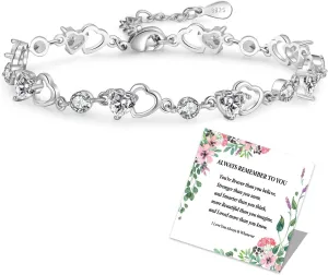 MOROTOLE 925 Sterling Silver Bracelets for Women, Shiny Cubic Zirconia Heart Bracelets with Card Djustable Silver Bracelet for Women Trendy Jewellery Birthday Gift