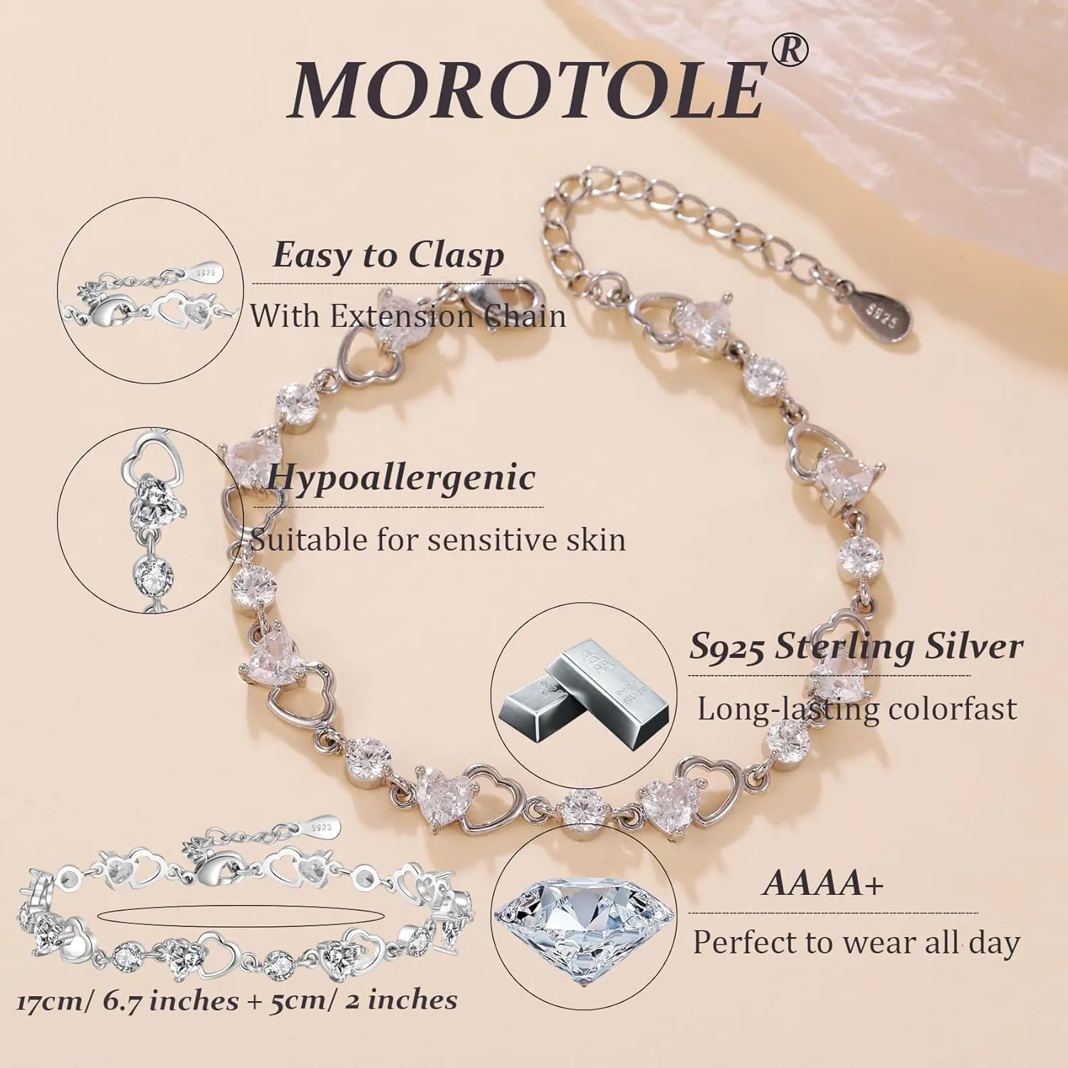 MOROTOLE 925 Sterling Silver Bracelets for Women, Shiny Cubic Zirconia Heart Bracelets with Card Djustable Silver Bracelet for Women Trendy Jewellery Birthday Gift
